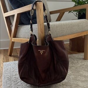 Vintage Prada Dark Brown Leather Handbag with Gold Accents